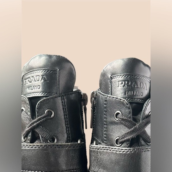 Prada Logo Lug Sole Platform Block Heels Ankle Moto Combat Black Leather 37 1/2 - Picture 11 of 14